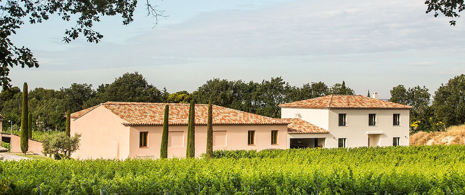 Maison de campagne moderne avec toit en tuiles rouges, entourée de vignes et d'arbres.